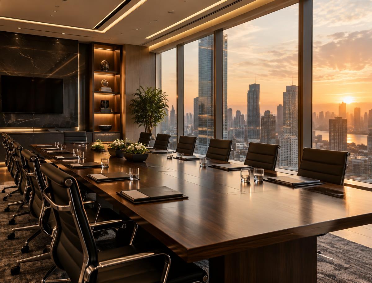 Corporate boardroom overlooking a city skyline