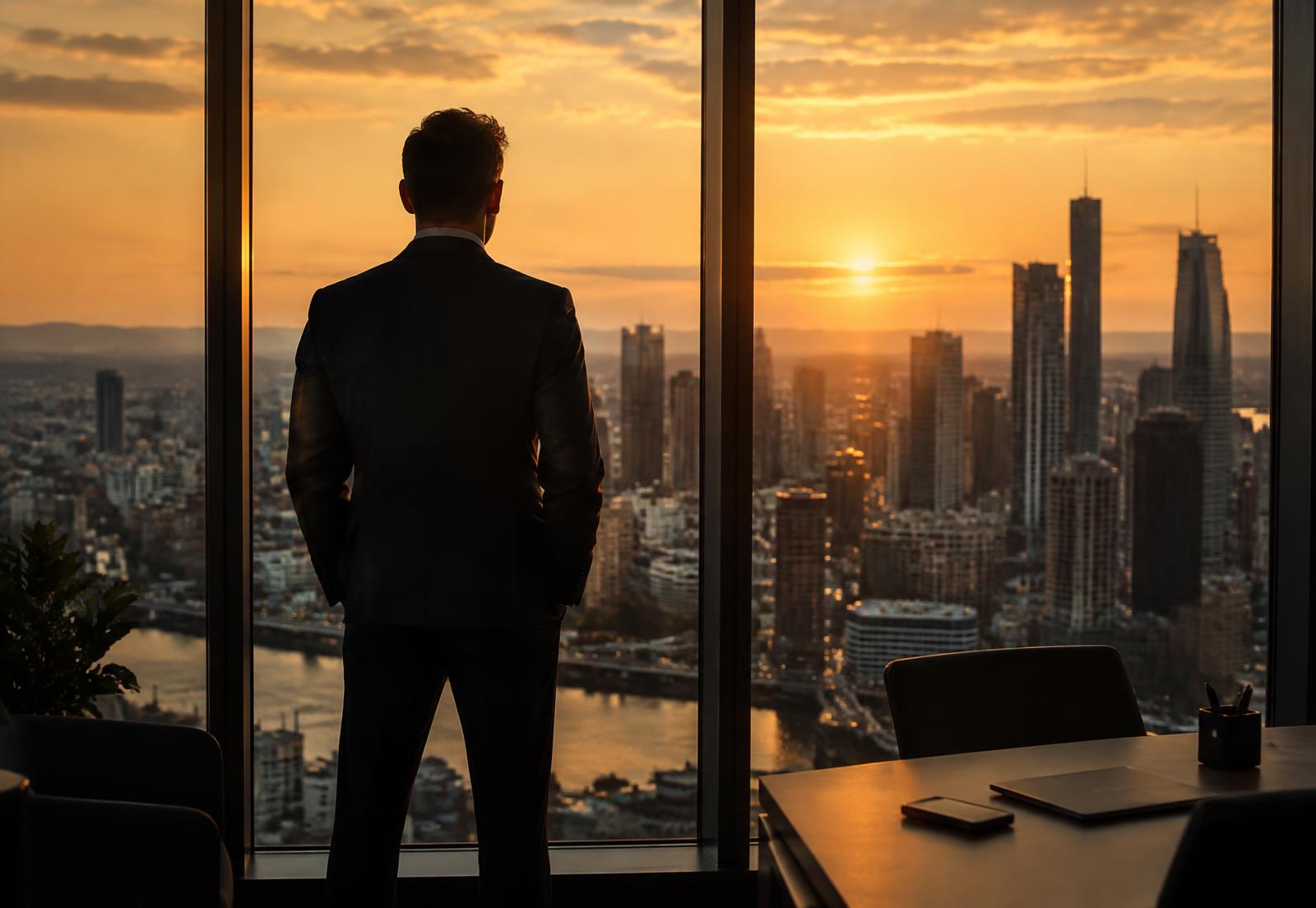 Executive looking over a city skyline from a high-rise office